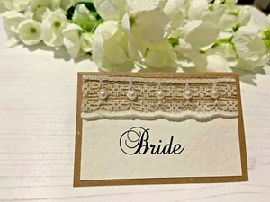 Rustic Place Cards Personalised with Names - Hessian Ribbon with Lace & Pearls - Picture 1 of 2