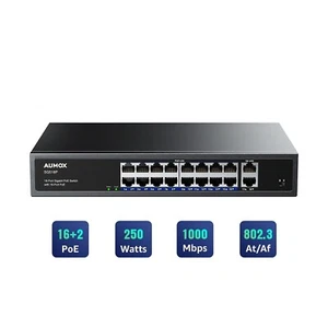 Aumox 18-Port Ethernet Gigabit PoE Switch, 16-Port PoE with 2 Uplink Gigabit ... - Picture 1 of 2