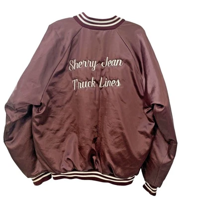Satin Bomber Jacket Quilted Sz 2XL Burgundy Sherry Jean Truck Lines Vintage 90s - Image 1 of 4