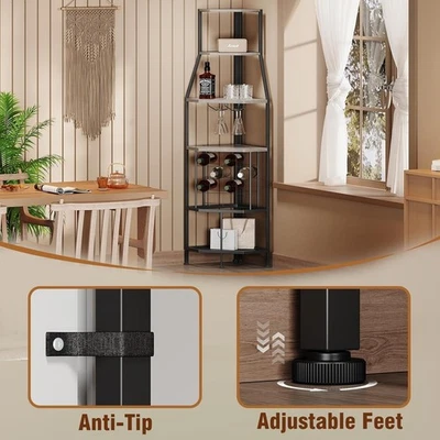 5-Tier Corner Wine Rack with Glass Holder Grey Bottle Storage Home Bar Shelf - Image 1 of 4