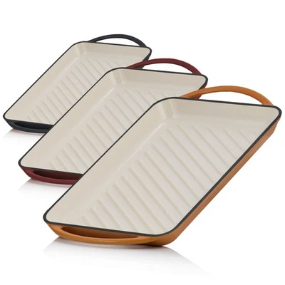 Gusseisen Grillpfanne emailliert 39,5 x 22 cm, Bratpfanne eckig gerippt Mahlzeit - Bild 1 von 4