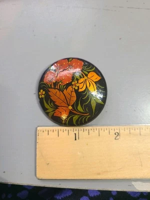Vintage Russian Hand Painted  Black Lacquer Art Brooch Pin With Flower - Image 1 of 2