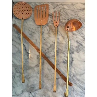 Vintage set of four copper cooking utensils with copper wall anchor - Image 1 of 4