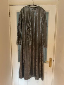 M&S Sequin Ruched Midi Column Dress - Silver - 16 Regular - New with Tags - Picture 1 of 4