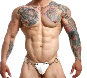 MOB DNGEON  Snap-Jock Metal Ring Faux Leather Jockstrap White Camo O/S DMBL03-B0 - Picture 1 of 5