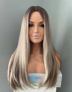Long Blonde Straight Wig with Roots, 24 Inch Silver Blonde Wig - Picture 1 of 9