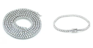 1 Row 20'' Bling Tennis Necklace Silver Finish CZ 3mm Chain Bracelet 8'' Set - Picture 1 of 3