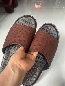 Luxury Men's Sandals Genuine Ostrich leg skin100% Handmade, Brows size13US EU 47 - Picture 1 of 16