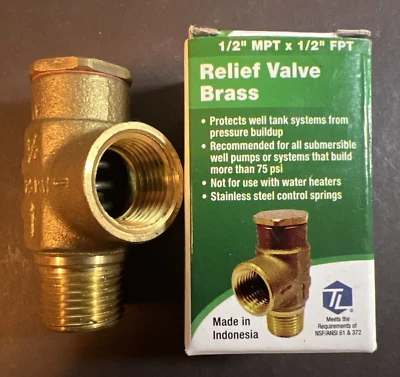 Water Source 1/2" X 1/2"  Well Tank Pressure Relief Valve  75 PSI  RV50NL - Image 1 of 4