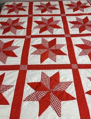Red & White Star Pattern Quilt 77.5” X 58” Farmhouse - Image 1 of 4