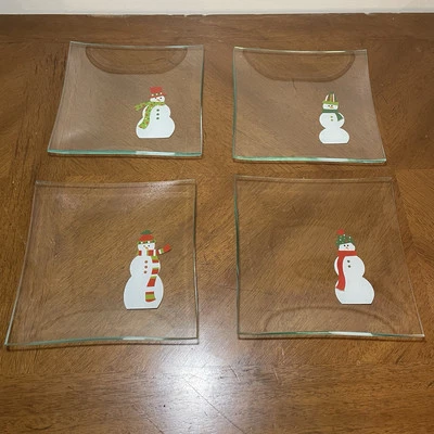 Pampered Chef Snowman Appetizer Plates 6" lot of 4 square glass EUC snowmen - Image 1 of 3