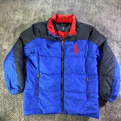 Polo Ralph Lauren Kids Puffer Jacket Blue Black Red Pony Logo Size L 14 16 - Image 1 of 4