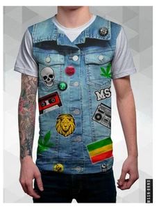 Mission Brand weed patch hippie denim vest rock T-shirt  Size M, L New - Picture 1 of 1