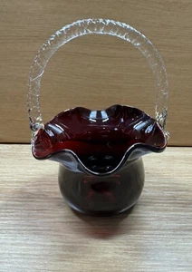 Art Glass Basket Dark Ruby Red Clear Handle READ - Picture 1 of 6