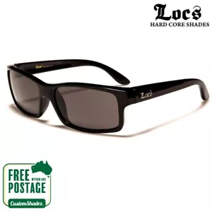 Locs Men's Sunglasses - Black - Slim Rectangular Frame - Gloss Finish UV 400 - Picture 1 of 4