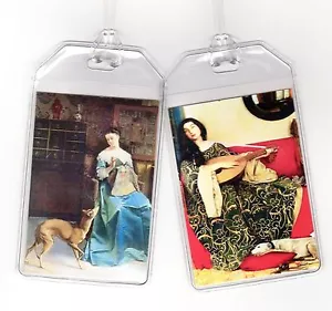 ¡CASI GRATIS! Juego de 2 etiquetas de equipaje Greyhound - arte antiguo vintage damas + Whippets - Imagen 1 de 4