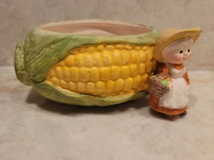 Vintage Enesco 1975 Succulent Corn On The Cob Planter Hand Painted Lady Farmer - Picture 1 of 7