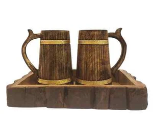 Wooden Serving Beer Mugs Set Tray Rustic Handmade 500ml Mugs Set - Picture 1 of 8