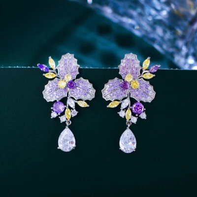 Pendientes colgantes enchapados en plata circonita cúbica púrpura hoja flor joyería circonita cúbica Foto 1 de 4
