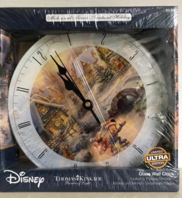 Disney Mickey & Minnie Sweetheart Holiday Thomas Kinkade Glass Wall clock NEW - Image 1 of 4