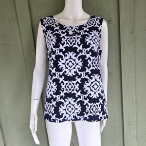New TALBOTS Dark Navy Blue White Print Cotton Blend Sleeveless Top Large L - Picture 1 of 3