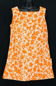 Vintage 1960s white orange floral mini dress, flocked linen sleeveless velvet S - Picture 1 of 11