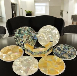 4" Mother of Pearl Inlay Drink Coaster Set for Elegant Home & Bar Coaster Decors - Picture 1 of 8