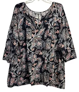 Catherines Top Size 3X 26/28W Navy Blue Floral Neckline Mesh Inserts Boho Tunic - Picture 1 of 5