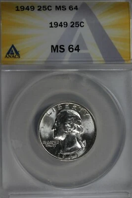 1949  .25   ANACS   MS 64   Washington Quarter, Silver 25 Cents (0.25) - Image 1 of 2