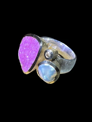 Barock Pink Calcit mit Perle und Diamant Ring in Silber mit vergoldeter Fassung - Bild 1 von 4