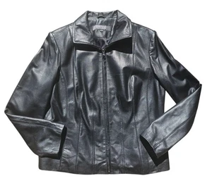Kenneth Cole Reaction Damen taillierte Jacke 100% Leder schwarz Reißverschluss Größe Large - Bild 1 von 10