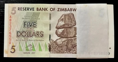 ZIMBABWE 5 DOLLARS P-66 2007 x 100 Pcs BUNDLE ELEPHANT UNC Trillion Series NOTE - Image 1 of 4