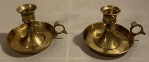 2 Vtg Brass Chamber Stick Candle Holder Finger Loop Thumb Rest Drip Tray - Picture 1 of 9