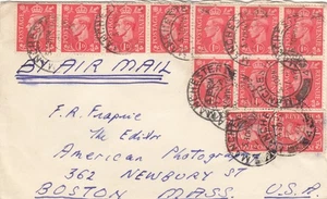 KGVI 1d Massive Multiple Franking Airmail Manchester to Boston USA Hospital - Picture 1 of 2