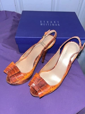 SIZE 6.5 STUART WEITZMAN Platform Heels 5" Orange Snakeskin/Leather~Box Included - Image 1 of 4