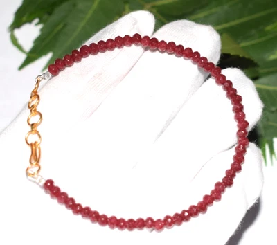 Red Ruby Dyed Gemstone Bracelet 4mm Faceted Beads 5-10" Gold Plated Gift for Her - Image 1 of 4