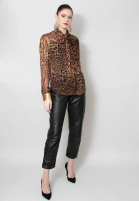 Blusa Dolce And Gabbana Manga Larga Marrón Estampado Animal Seda Transparente Coño Lazo Foto 1 de 4