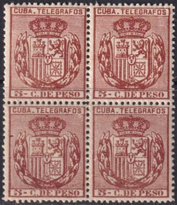 Spanish Antilles 1894 telégrafo Ed 77 telegraph block MLH* very streaky gum - Picture 1 of 1