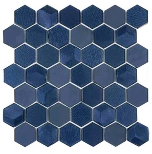 Hex Glass 2" Hexagon Ink Blue Glass Mosaic Tile 12x12 - Picture 1 of 5