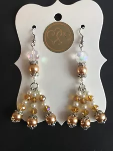 GOLD LONG DROP DANGLE PEARL AND CRYSTAL GLASS BEAD EARRINGS FASHION JEWELRY - Picture 1 of 12