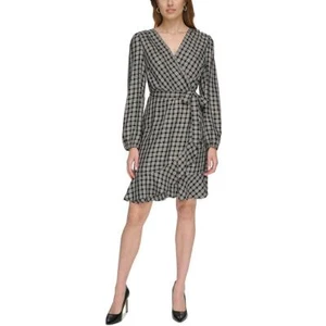 Tommy Hilfiger Womens   Black Checker Ruffle Hem Casual Wrap Dress 2 BHFO 4609 - Picture 1 of 2