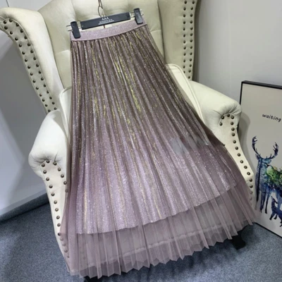 Dama Midi Malla Faldas Plisadas Volantes Cintura Alta Línea A Gradiente Color Retro Falda Foto 1 de 4