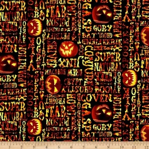 Fright Night Fabric - Words & Glow in Dark Jack o Lantern - Blank Quilting YARD - Picture 1 of 1