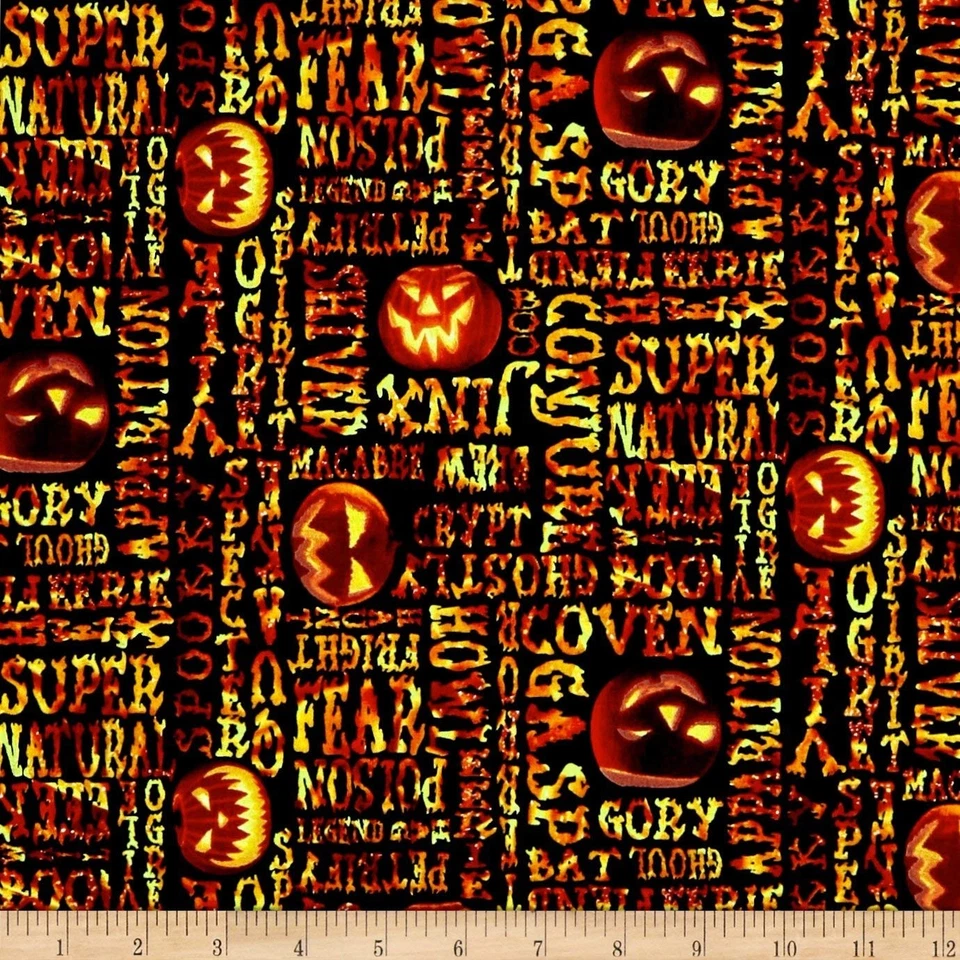 Fright Night Fabric - Words & Glow in Dark Jack o Lantern - Blank Quilting YARD - Image 1 of 1