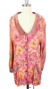 URU Art to Wear Floral Crinkle Portrait Collar Long Sleeve Tunic Top One Size - Picture 1 of 11