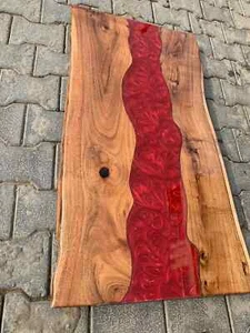 Custom Red Epoxy Resin Coffee Table | Modern Live Edge Wood & Resin Sofa Table - Picture 1 of 13