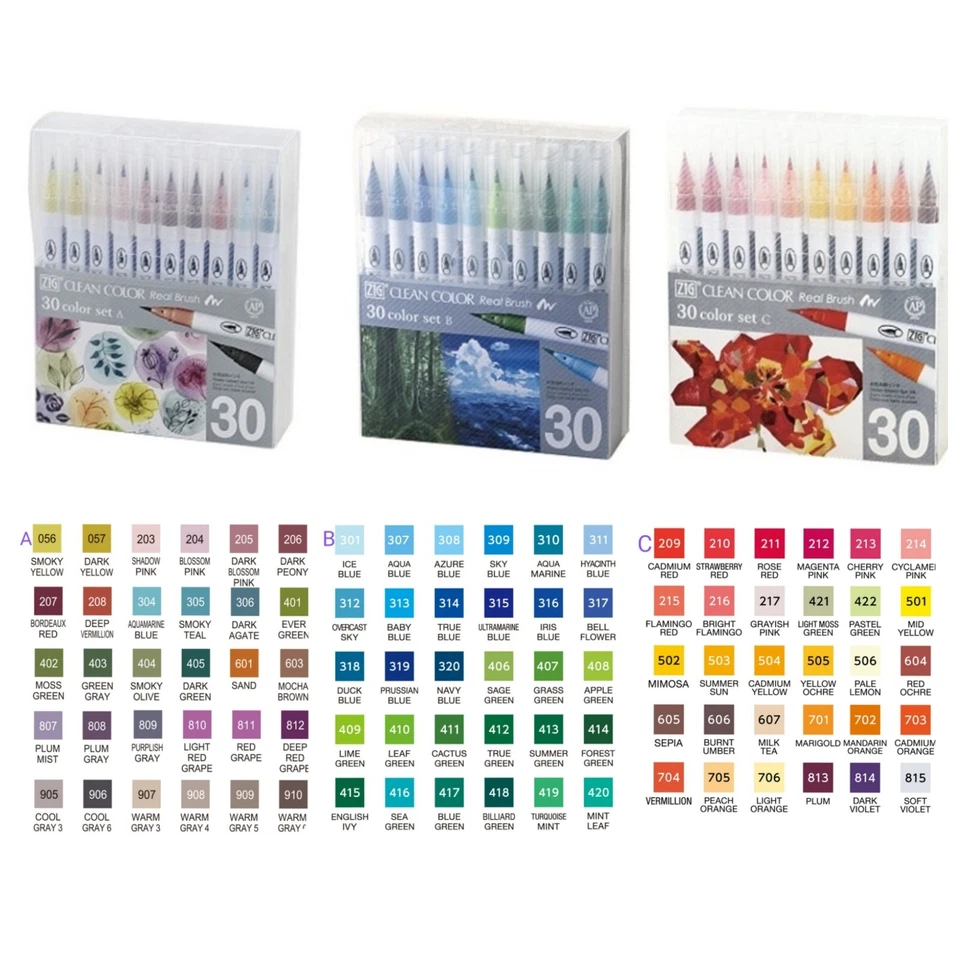 Zig Kuretake Clean Color Real Brush Fude Pen Set 6 Colors