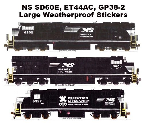 3 pegatinas grandes de 2,5x9-10" Andy Fletcher Norfolk Southern SD60E, ET44AC, GP38-2 Foto 1 de 1