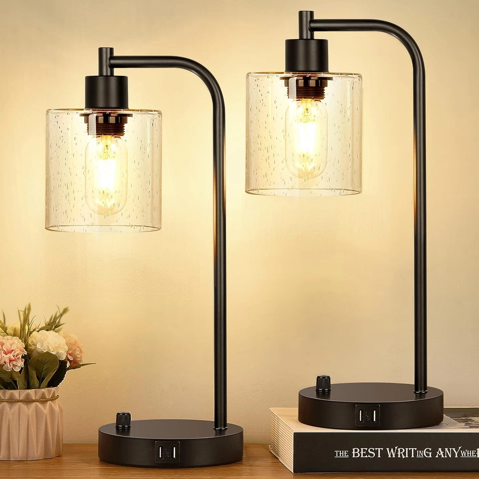 Set of 2 Industrial Table Lamps With 2 USB Port Fully Stepless Black