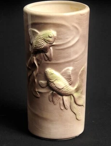 Royal Copley Art Pottery Vase Brown Green Embossed Koi Fish 8 Inch - Picture 1 of 6
